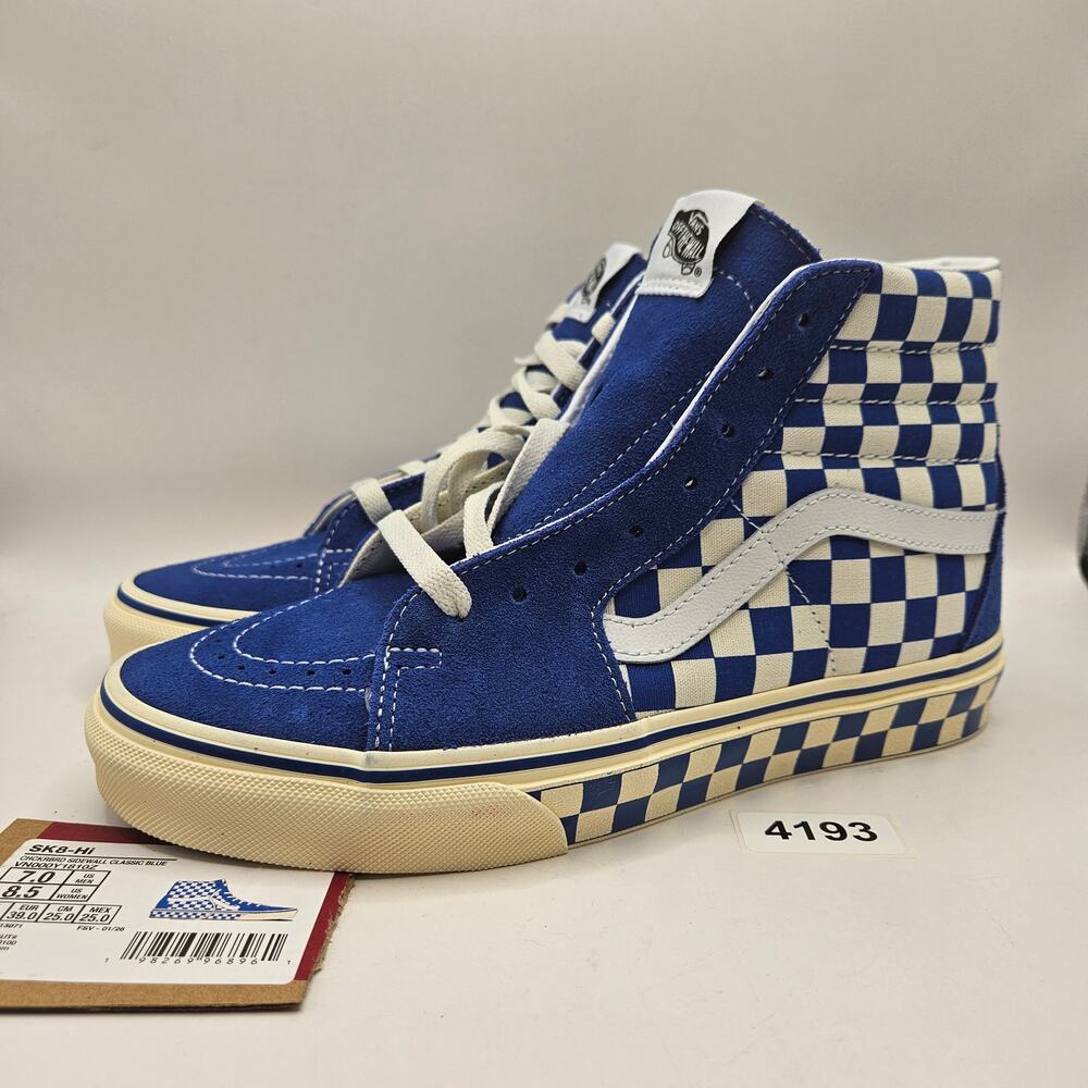 VANS WOMEN'S 8.5 SK8-HI CHECKERBOARD SIDEWALL CLASSIC BLUE SKATEBOARD NWOB